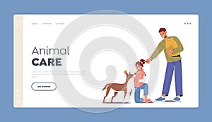 Animal Care Landing Page Template. Friendly Children Characters Feeding Dog. Kids Giving Food to Homeless Puppy