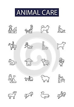 Animal care line vector icons and signs. Care, Veterinary, Pet, Feeding, Grooming, Training, Housing, Breeding outline