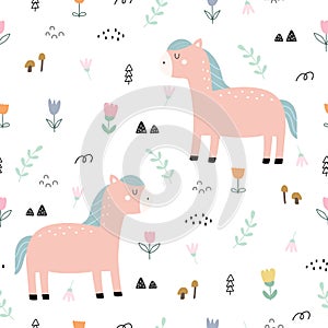 Animal cartoon background seamless vector pattern for kids pink horse and flowers Hand drawn design in cartoon style.