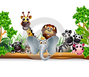 Animal cartoon with blank sign and tropical plant