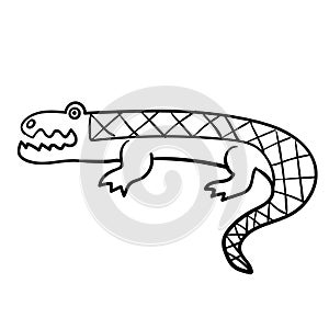 Cartoon doodle linear crocodile isolated on white background.