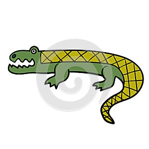 Cute cartoon doodle linear crocodile isolated on white background.