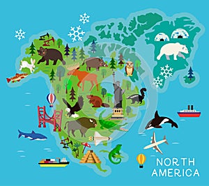 Animal cartoon map for Children and Kids. North America.