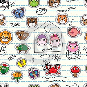 Animal cartoon sticker add on seamless pattern