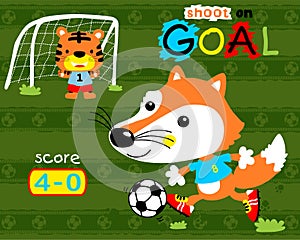 Animal cartoon vector of fox and cat play soccer