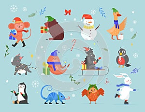 Animal celebrate Christmas vector illustration set, cartoon zoo collection with wildlife animal xmas characters