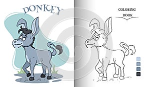 Animal character funny donkey in cartoon style coloring book page