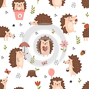 Animal childish pattern with cute hedgehogs