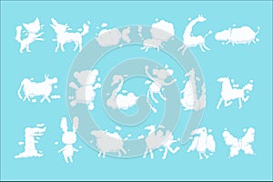Animal clouds white silhouette set, kid imagination sweet dreams vector Illustrations