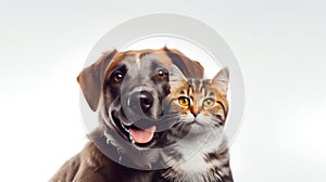 Animal Companionship: Happy Dog and Cat Together on White Background. Generative ai