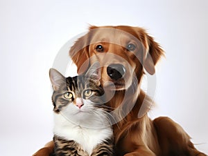 Animal Companionship: Happy Dog and Cat Together on White Background. Generative ai