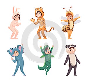 Animal costumes. Kids party with carnival funny costumes exact vector children outfit