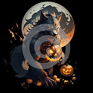 An animal creatures of a werewolf with scary pumkins and moon in halloween theme, no background, lights, printable, design