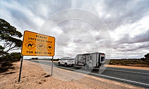 Animal crossing sign on the Eyre Highway on the Nullarbor Plain