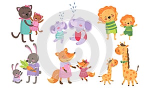 Animal Cubs And Their Parents Childish Vector Illustrations