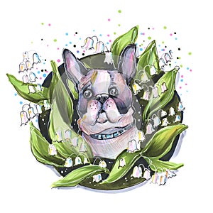 Animal dog french bulldog in colors lilies of the valley illustration