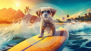 animal dog ocean funny wave puppy summer beach surfer vacation. Generative AI.