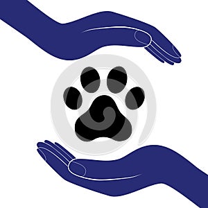 Animal dog paw in people hand, human help encourage vector illustration.