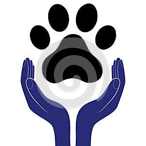 Animal dog paw in people hand, human help encourage vector illustratration.