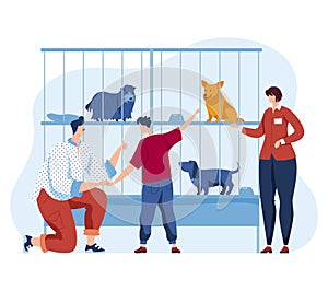 Animal dog shelter, vector illustration. Woman man people character and cartoon pet, homeless puppy in cage look at