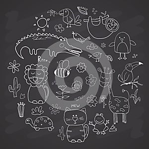 Animal Doodles Set. Cute Animals sketch. Hand drawn Cartoon Vector illustration on chalkboard background