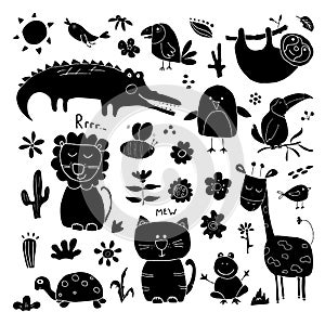 Animal Doodles Set. Cute Animals sketch. Hand drawn Cartoon Vector illustration on white background