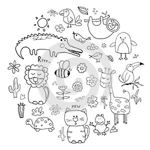 Animal Doodles Set. Cute Animals sketch. Hand drawn Cartoon Vector illustration on white background