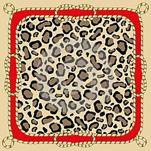 An animal drawing of a leopard skin with a square frame of knotted golden cords .