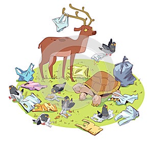 Animal ecological problem. Animals surrounded by garbage and plastic bags. Cartoon style