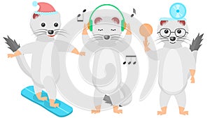 Animal Ermines Listening To Music On Headphones, Ophthalmologist With Scapula, Snowboarding Vector