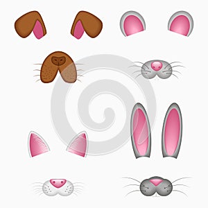 Animal face elements - ears and nose. Dog, mouse, cat, bunny, rabbit or hare. Selfie photo and video chart filter mask. Vector.