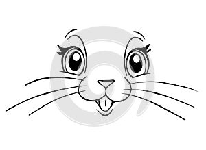 Animal face outline drawing, cute cat face with eyes and nose, fawn, pet, mascot. Smiling head of the beast. Vector line