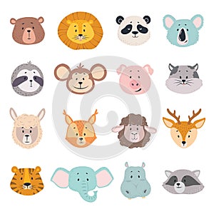 Animal faces. Cute doodle head of bear, lion and panda, monkey and pig, tiger. Elephant, cat and deer, behemoth vector photo