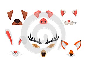 Animal faces set with ears and noses isolated on white background. Video chat effects and selfie filters. Funny masks of