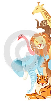 Animal faces vertical web banner on white background. Zoo cartoon characters vector illustration with empty space