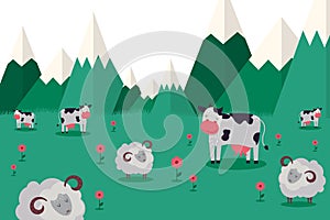 Animal farm, graze animal in mountainous locality collection vector illustration. Cow and horned ram sheep with clean