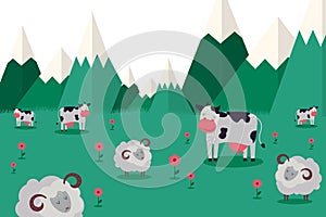 Animal farm, graze animal in mountainous locality collection vector illustration. Cow and horned ram sheep with clean photo