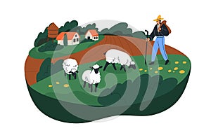 Animal farmer, man shepherd, sheep breeder at livestock farm. Rural country landscape, pasture with herdsman and ewes