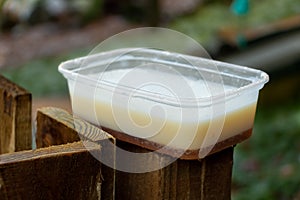 Animal fat in a plastic container on a fence for garden birds to feed on