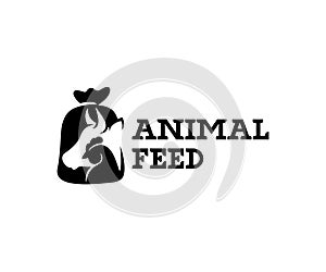 Animal feed and pet food, cow, chicken in burlap pouch sack bag, logo design. Food for cattle, livestock, farm, vector design