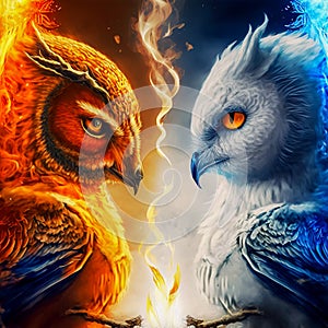 Animal fighting. Abstract Fire and Ice element against. Heat and Cold concept. Generative AI