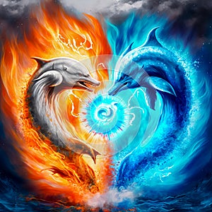 Animal fighting. Abstract Fire and Ice element against. Heat and Cold concept. Generative AI