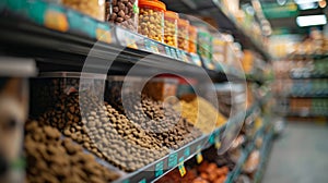 Animal food. Food for cats and dogs, shelves with goods for animals. Pet Shop.