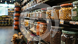 Animal food. Food for cats and dogs, shelves with goods for animals. Pet Shop.