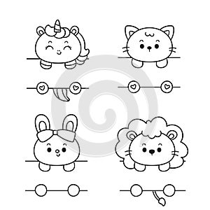 Animal frame outline with cute unicorn rabbit bunny cat and baby lion. Series funny label tag name