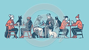 Animal friendly hospitality, cozy place Line art modern illustration of people visiting the cat cafe. Female and male