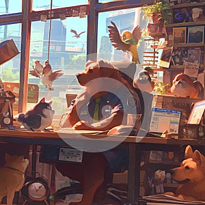 Animal-Friendly Office Scene with Dog as Police Officer