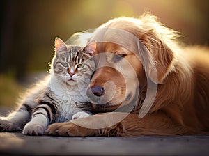 Animal friendship, golden retriever dog and cat touching heads