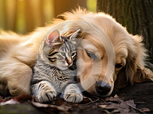 Animal friendship, golden retriever dog and cat touching heads