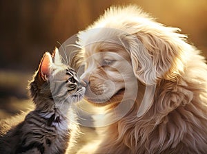 Animal friendship, small puppy and kitten touching heads